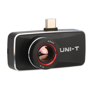 UNI-T UTI740M Android-only High-Resolution Smartphone Thermal Camera - a black rectangular device with a red-rimmed lens labeled 9.5mm and F1.0, featuring a top-mounted USB-C connector.