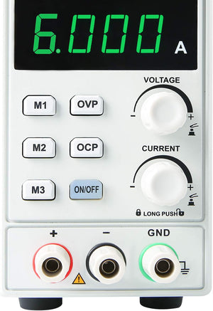 UNI-T UTP1306 Switching DC Power Supply – 192W Single Channel, 0–32V / 0–6A, 4-Digit LED, 10mV / 1mA Resolution, OVP & OCP, 3 Memory Presets - a close-up of the white front panel showing a green 6.000 A display, control buttons, two adjustment knobs, and three output terminals.