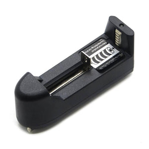 Universal Single Cell 3.7V Lithium-ion Battery Charger 18650 Charger - a black plastic battery charger with a spring-loaded sliding contact terminal.