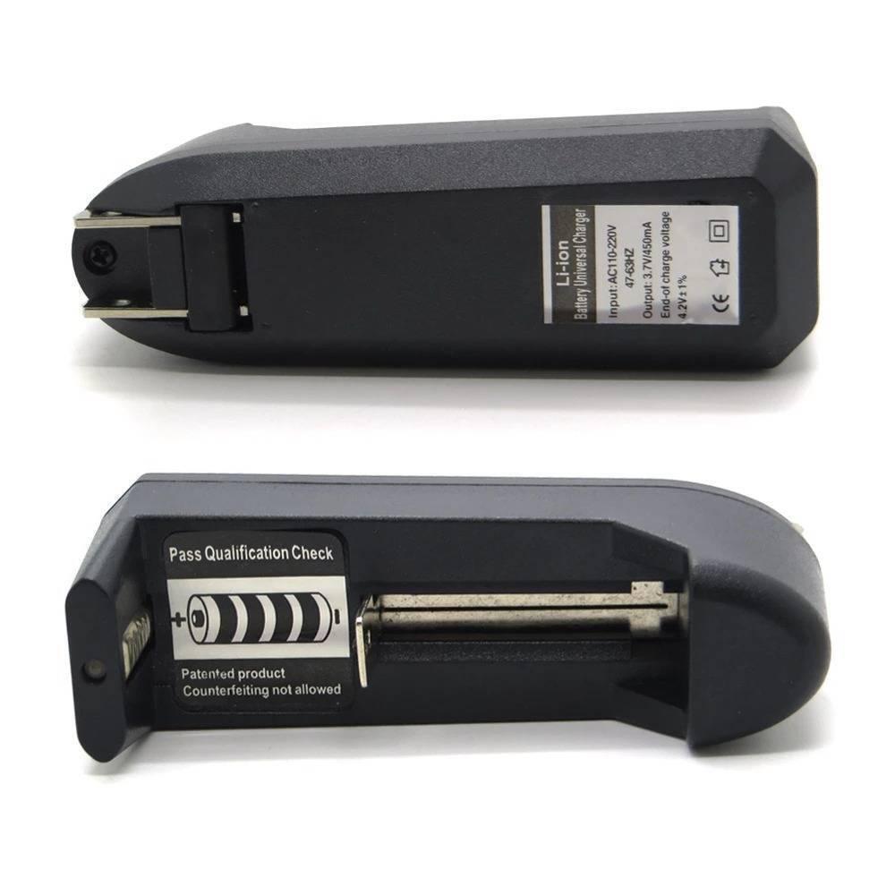 Universal Single Cell 3.7V Lithium-ion Battery Charger 18650 Charger - shown from two angles, featuring a black plastic body with a folding wall plug.