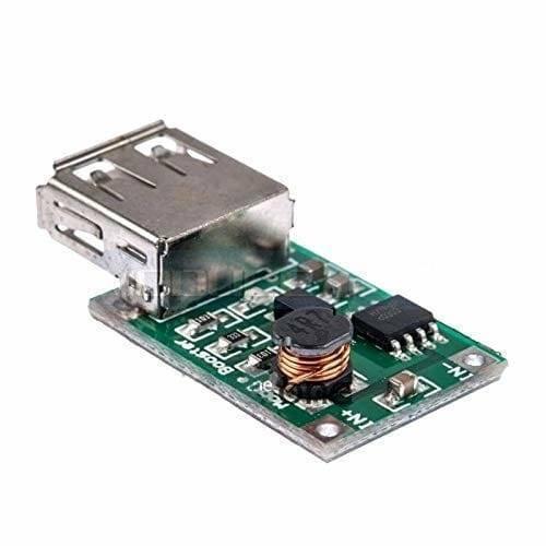 USB 1200 mA DC 2V To 5V To DC 5V Voltage Step Up Boost Converter Module - a green circuit board with a USB port, inductor, and chip.