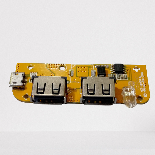 USB 5V 1A 2.1A Power Bank Module - a yellow circuit board with two USB-A ports, one micro-USB port, an LED, and electronic components.