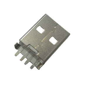 USB-A BOARD MOUNT CONNECTOR - MALE TH - close-up view of a silver-colored male USB-A connector with four metal pins for board mounting.