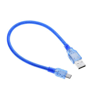 USB Cable For Arduino Nano USB Cable - a short blue USB cable with a standard USB-A connector on one end and a Mini-USB connector on the other.