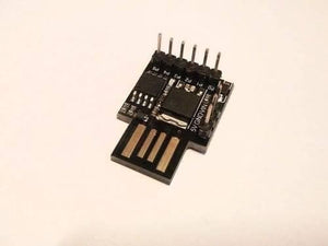 USB Digispark ATTINY85 Developing Board - shown as a black circuit board with a USB connector, six header pins, and labels for 5V, GND, VIN, P0, P1, P2, P3, P4, P5.