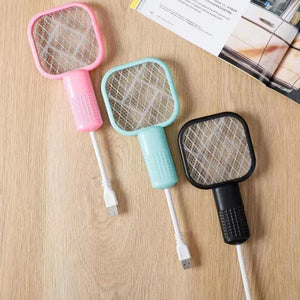 USB Powered Electric Mosquito Swatter – Rechargeable Bug Zapper Racket with LED Light price - three rechargeable bug zapper rackets in pink, light blue, and black, each with an attached USB cable.