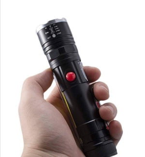USB Rechargeable Zoomable LED Flashlight Camping Torch Lamp T6-26 USB Charge - a black cylindrical body, a red power button, and zoom markings.