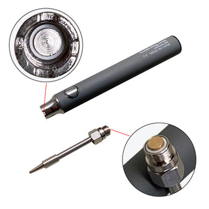 USB Soldering Iron Portable 8W Type C price - shown as a grey cylindrical device with a power button, a detachable metal tip, and zoomed-in detail views.