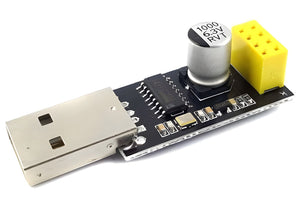 USB To ESP8266 Serial Adapter Wireless WiFi Development Board Transfer Module - a black circuit board with a USB connector, a silver capacitor, and a yellow header.