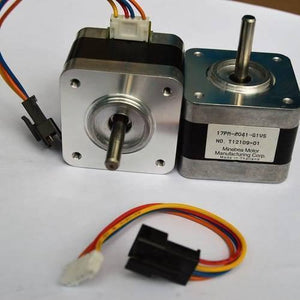 USED Minebea NEMA 17 Stepper Motor For 3d Printer & CNC - two silver and black square stepper motors with shafts and a detached four-wire cable with two connectors.