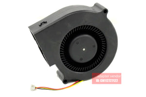 Used Nidec D09F-24SS2 01B 9cm 9733 24V 0.25A Turbo Blower Fan - a black plastic centrifugal fan with a three-wire connector cable attached.