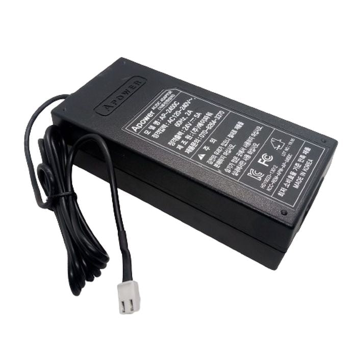 Used Power Supply Adapter 24V 5A 120W - a black rectangular power brick with an attached black cable ending in a white two-pin connector.