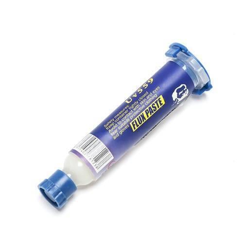 UV559 Mechanic Soldering Flux Paste UV559 No Clean BGA Solder Ball Repair Welding Paste For Phone PCB Pga SMD Rework - a blue cylindrical syringe tube with a white cap and a plunger, featuring printed safety instructions and a barcode.