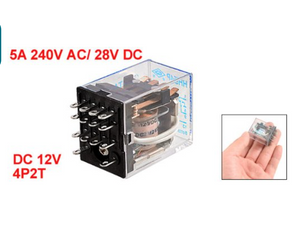 Uxcell HH54P DC 12V Coil 14-Pin Power Relay 4P2T with base| Digilog.pk - clear plastic casing and metal pins, shown next to a small inset photo of the relay held in a hand.