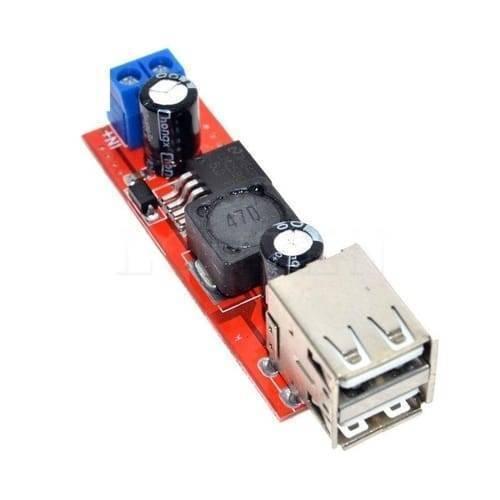 Vehicle Battery Charger 3A Dual USB Output LM2596 Buck Converter - a red circuit board featuring a blue input terminal, a black inductor, and dual USB ports.