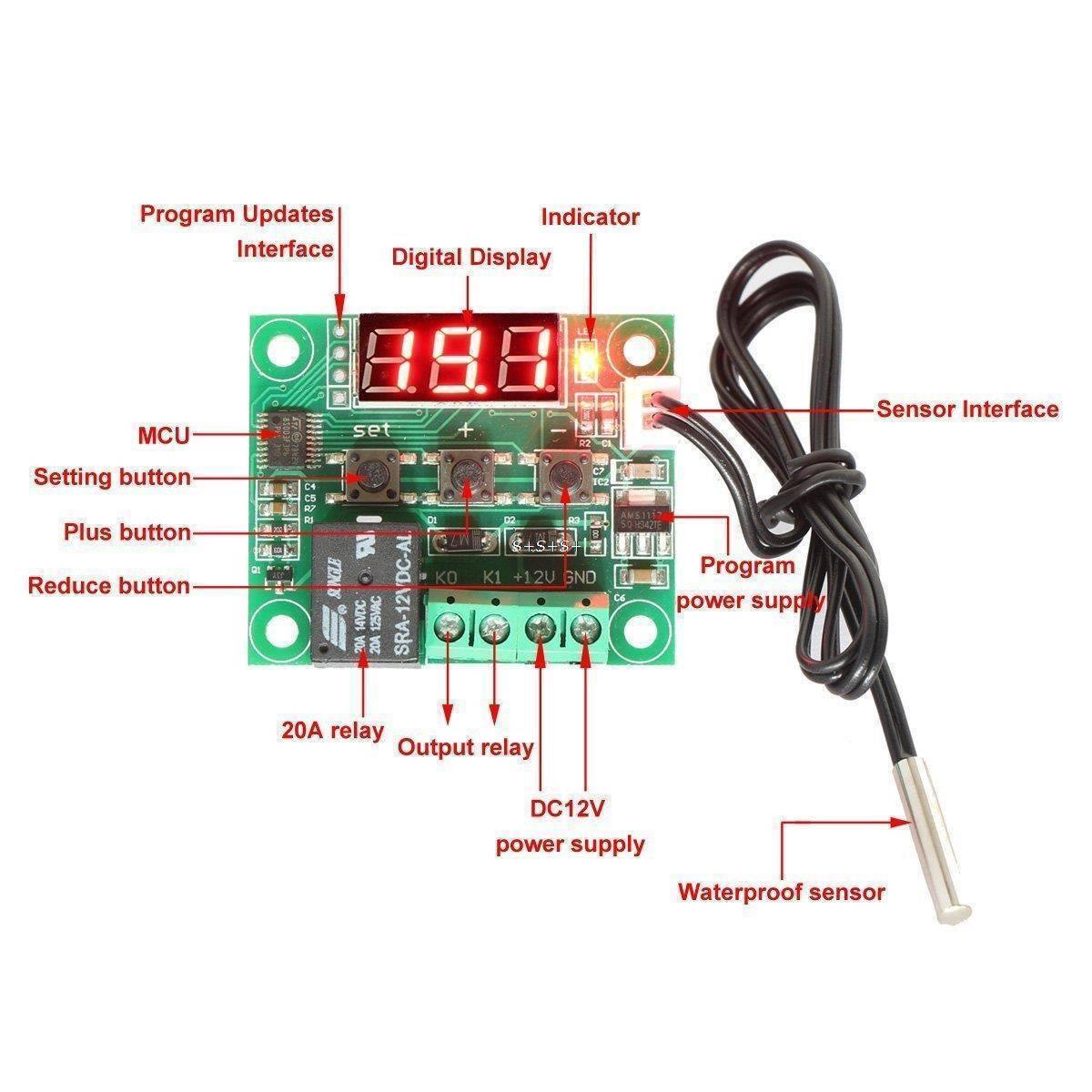 W1209 Temperature Controller - a green circuit board with a red digital display, three buttons, a relay, and an attached waterproof sensor probe.