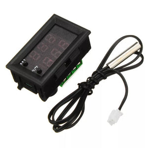 W1209WK W2809 Temperature Controller - a black rectangular display module with two buttons and a wired metal probe sensor with a white connector.