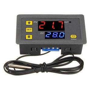 W3230 Mini Digital Temperature Controller Thermostat Regulator AC110V-220V 20A - a grey rectangular thermostat with a red PV display reading 21.7, a blue SV display reading 28.0, and a probe.