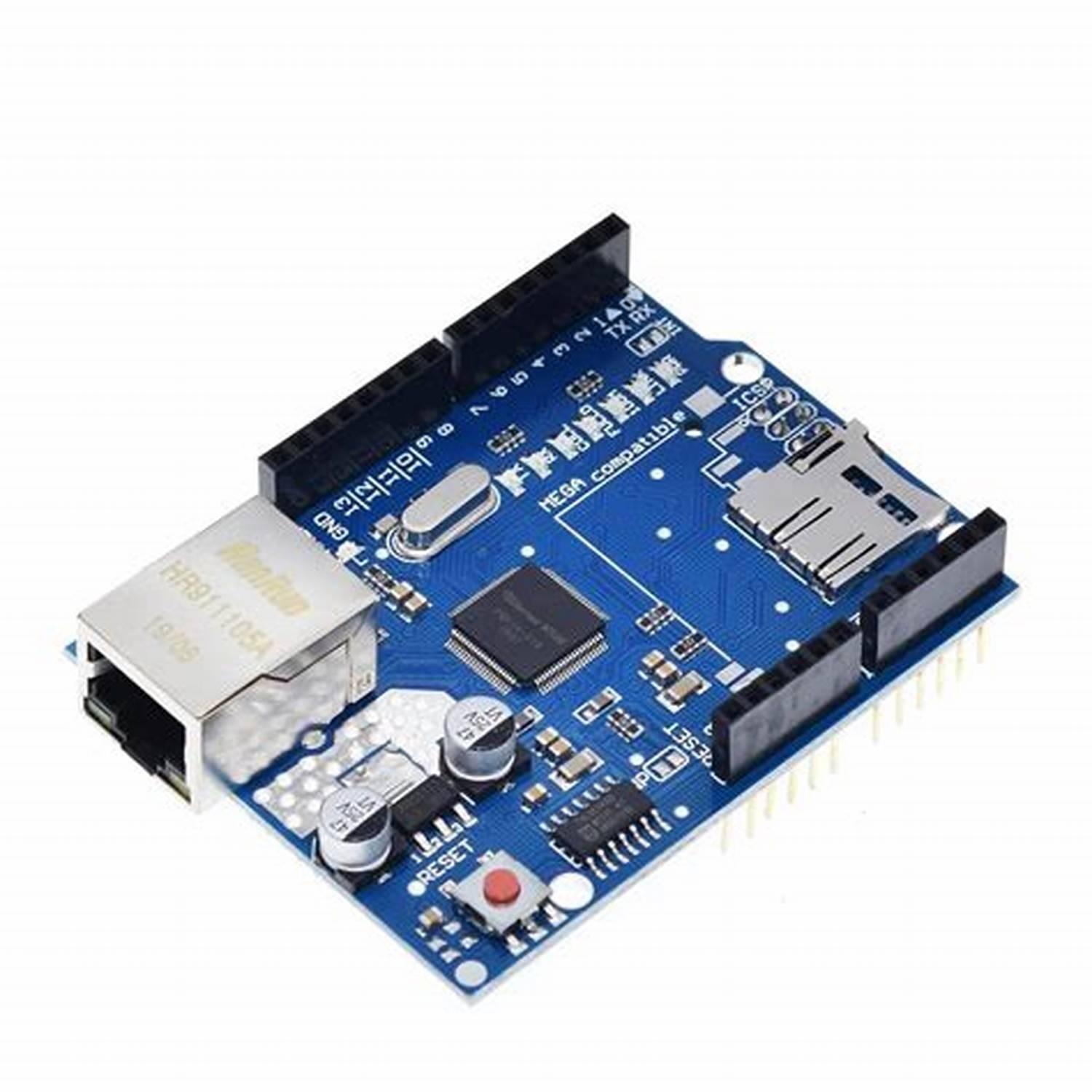 W5100 Ethernet Shield Network Expansion Board With Micro SD Card Slot For Arduino - a blue circuit board with an Ethernet port, a micro SD card slot, a reset button, and pin headers.