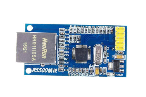 W5500 SPI To Ethernet Module - a blue rectangular circuit board featuring a HanRun HR911105A Ethernet port, a 25.000 crystal, and a yellow header.