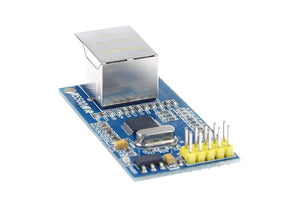 W5500 SPI To Ethernet Module - a blue rectangular circuit board featuring a silver Ethernet port, a crystal oscillator, and a yellow header pin array.