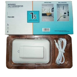 Wall Mounted Thermal Scanner ( Wall Mounted Temperature Scanner) Yna-800 - shown with its white device unit, USB charging cable, and blue product packaging box.