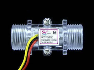 Water Flow Sensor Yf S201C - a clear plastic cylindrical sensor with threaded ends, a central label, and three attached yellow, red, and black wires.