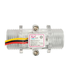 Water Flow Sensor Yf S201C - a clear plastic inline flow meter with three electrical wires and a central label displaying model and pressure specifications.