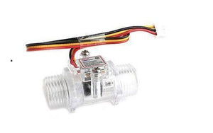Water Flow Sensor Yf S201C - a transparent plastic flow sensor with threaded ports and a three-wire cable ending in a white connector.