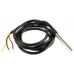 Waterproof DS18B20 Temperature Sensor - a stainless steel probe attached to a long black cable with three exposed red, black, and yellow wires.