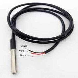 Waterproof LM35 Temperature Sensor - a silver metal probe attached to a black cable with three exposed wires labeled GND, Vdd, and Data.