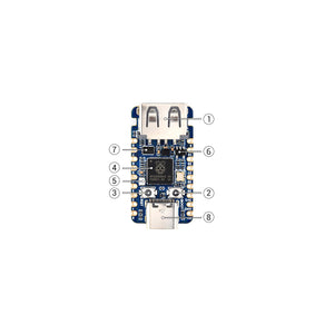 Labelled diagram of the RP2350-USB-A development board identifying the USB Type-A port, buttons, RP2350A chip and USB-C connector.