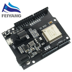 Wemos ESP32 D1 R32 WiFi And Bluetooth Module - a black development board featuring a micro-USB port, a DC power jack, a reset button, and pin headers for digital and analog.