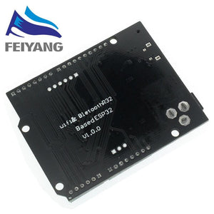 Wemos ESP32 D1 R32 WiFi And Bluetooth Module - a black printed circuit board showing the text "Wifi & BletoothR32 Based ESP32 V1.0.0" and header holes.