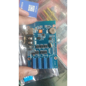 WF4 LED Panel Control Card - a blue rectangular circuit board with a USB port, a 5V-GND terminal block, and four blue 16-pin headers.