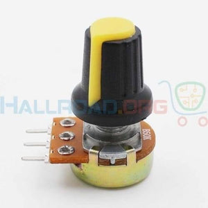 WH148 15x17mm 6mm Shaft Hole Plastic Potentiometer Amplifier Knob - a black and yellow knob attached to a B50K potentiometer with three metal pins.