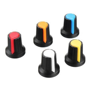 WH148 15x17mm 6mm Shaft Hole Plastic Potentiometer Amplifier Knob - five black knobs with red, orange, blue, yellow, and white indicator caps.