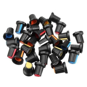 WH148 15x17mm 6mm Shaft Hole Plastic Potentiometer Amplifier Knob - shown as a pile of multiple black knobs with assorted coloured indicator caps.