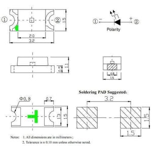 White SMD 1206 LED Super Bright Light Emitting Diode - the component dimensions, polarity, and suggested soldering pad layout.