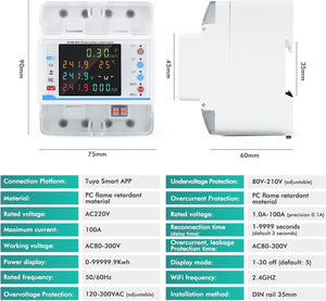 WiFi Electricity Meter 3 Phase 100 A Tuya Compatible Smart Energy Meter with Safety Features for Home Use price - front and side views with dimensions and a technical specification table.