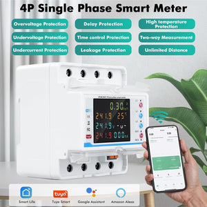 WiFi Electricity Meter 3 Phase 100 A Tuya Compatible Smart Energy Meter with Safety Features for Home Use price - shown as a white device with a digital display and a hand holding a smartphone.
