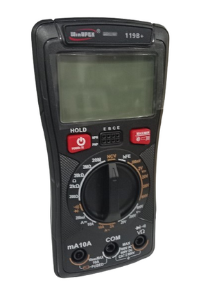 WinAPEX 119B+ Digital Multimeter DMM - a black handheld device with a blank screen, a central rotary dial, control buttons, and three input ports at the base.