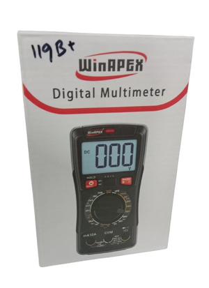 WinAPEX 119B+ Digital Multimeter DMM - shown in its retail box, featuring a black device with a digital display reading 000, a rotary dial, and ports.