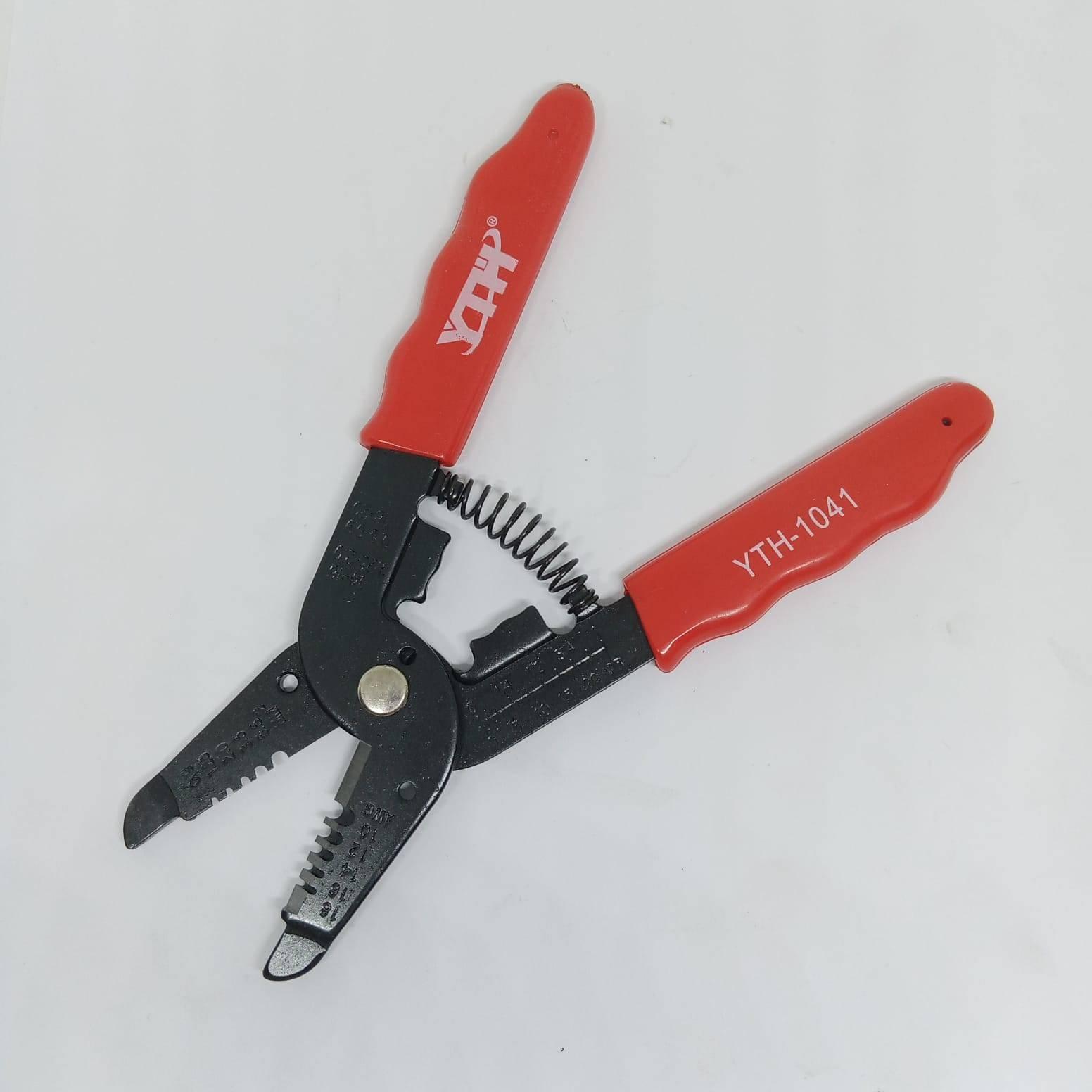 Wire Stripper Wire Cutter - a YTH-1041 branded hand tool with red rubber-coated handles, a tension spring, and metal jaws with multiple wire-stripping notches.