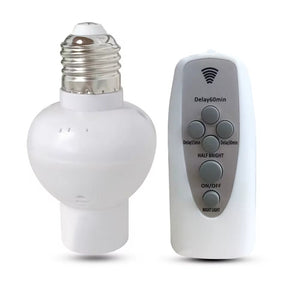 Wireless Remote Lamp Bulb Holder Receptacle (E27 Socket) - a white E27 socket bulb holder next to a remote control with buttons for delay, brightness, and power.