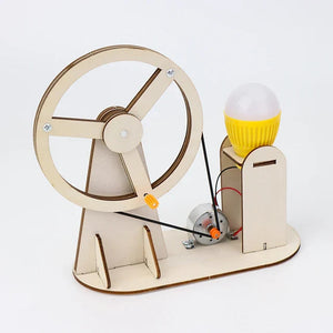Wooden Hand Generator Kids Science STEM DIY Technology STEAM Physics Kit Education - a light-coloured wooden frame with a large hand-cranked wheel, a belt, a motor, and a bulb.