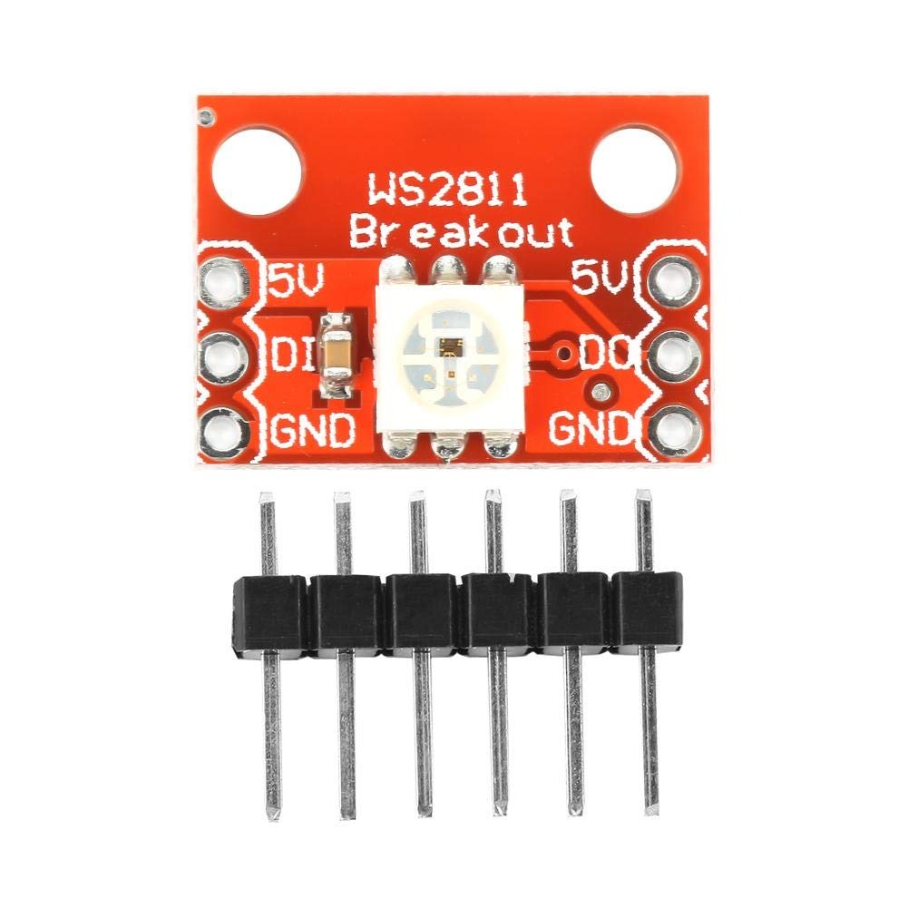 WS2812 RGB LED Breakout Board Module | Smart Addressable LED for Arduino & Projects - shown as a red rectangular PCB with a central LED and a separate 6-pin header strip below it.