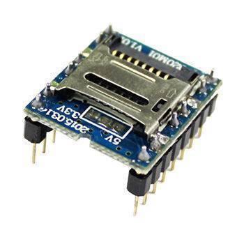 WTV020SD-16P Music Module MP3 Module For Arduino - a blue circuit board featuring a metal SD card slot, two rows of header pins, and printed labels for 5V and 3.3V.