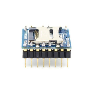 WTV020SD-16P Music Module MP3 Module For Arduino - a blue circuit board with a silver SD card slot and a black pin header connector attached to the underside.