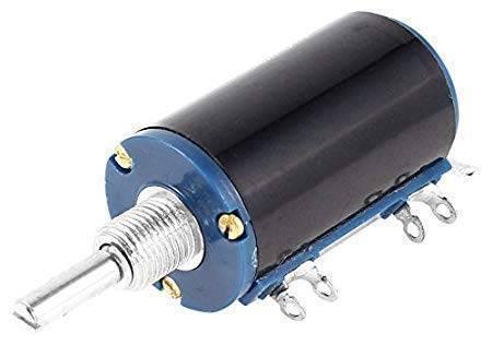 WXD3-13-2W-10k Ohm 2W 4mm Shaft Multi Turn Rotary Wire Wound Potentiometer - shown as a black cylindrical component with a metal shaft and six solder terminals.